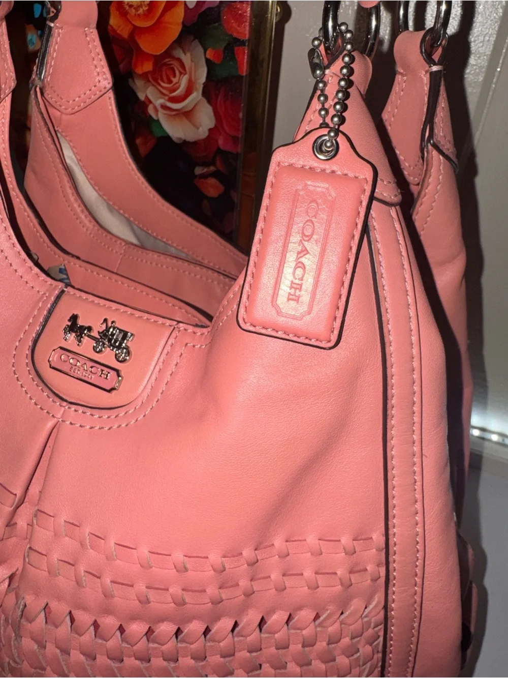 EUC Coach Coral Pink Woven Leather Hobo Shoulder Bag with Triple Entry - Picture 13 of 16